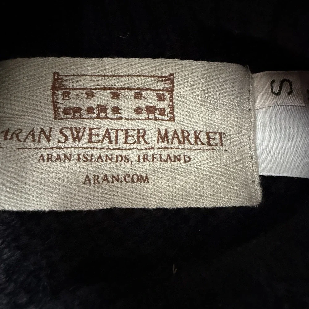 Aran Sweater Market Small Black Cable Knit Ireland Merino Wool Turtleneck Irish